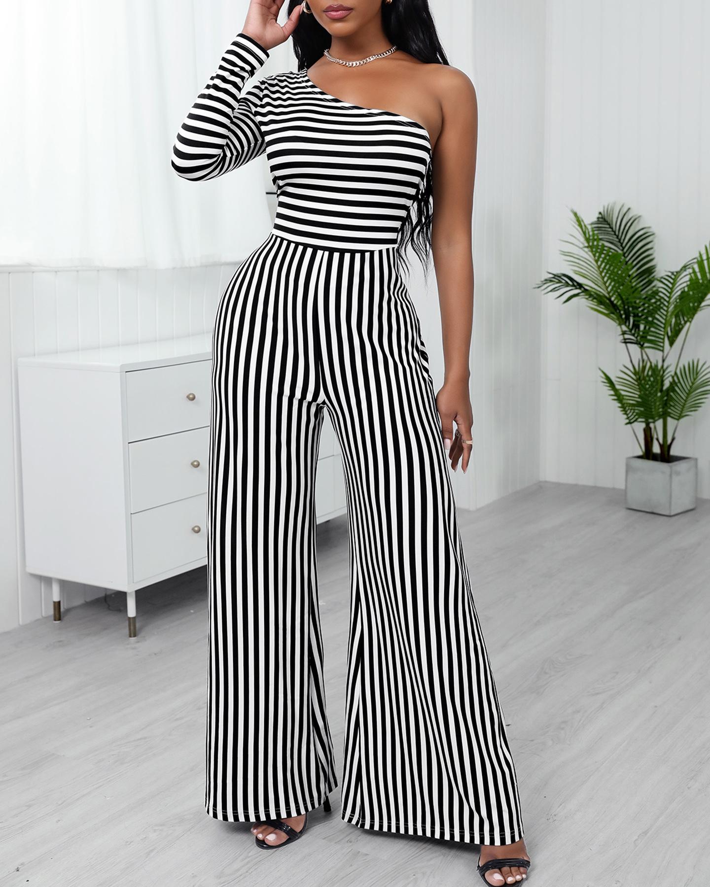 

One Shoulder Striped Print Jumpsuit, Black