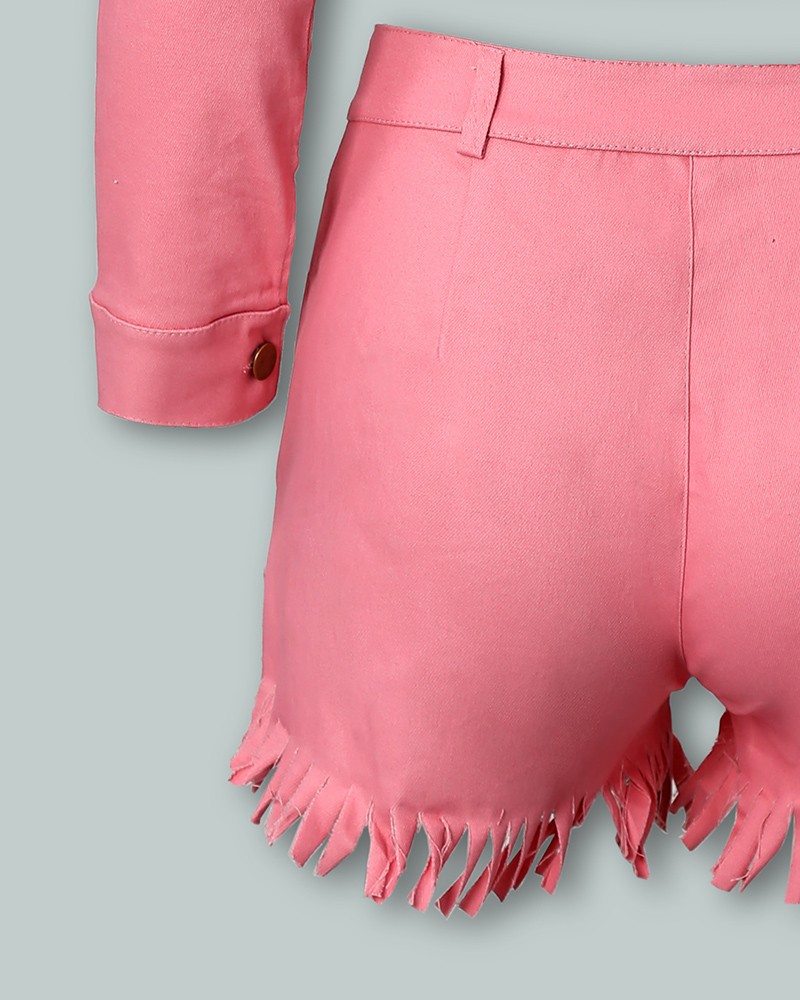 denim off shoulder crop top & tassel hem shorts sets