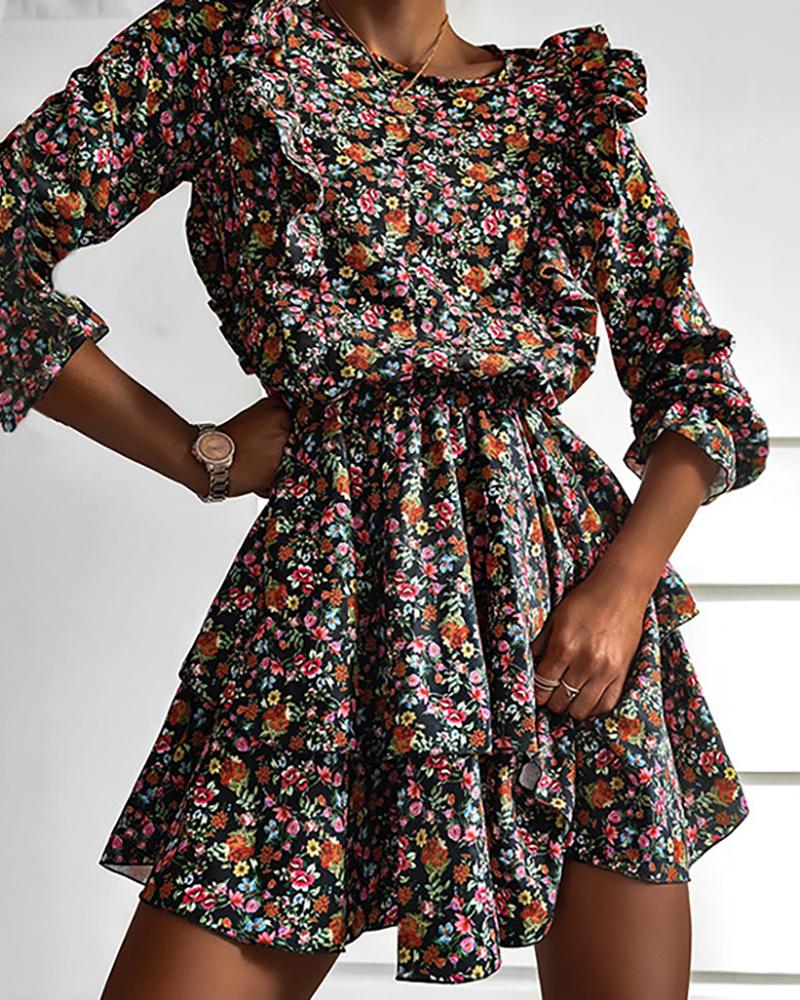 

Floral Print Ruched Ruffle Hem Dress, Black