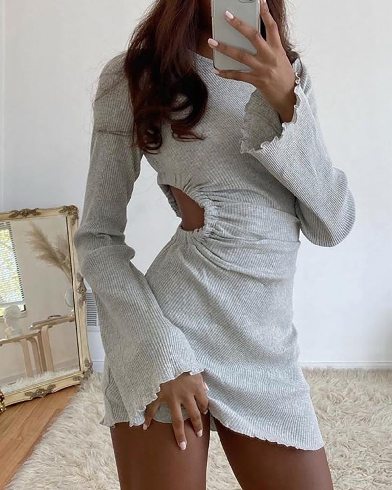 

Cutout Long Sleeve Plain Women Dress, Gray