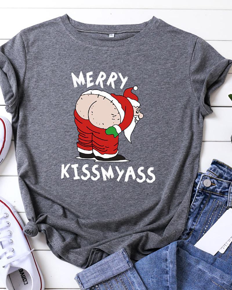 

Christmas Graphic Letter Print T-Shirt, Gray