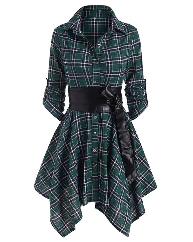 

Button Design Plaid Asymmetrical Shirt Dress, Green