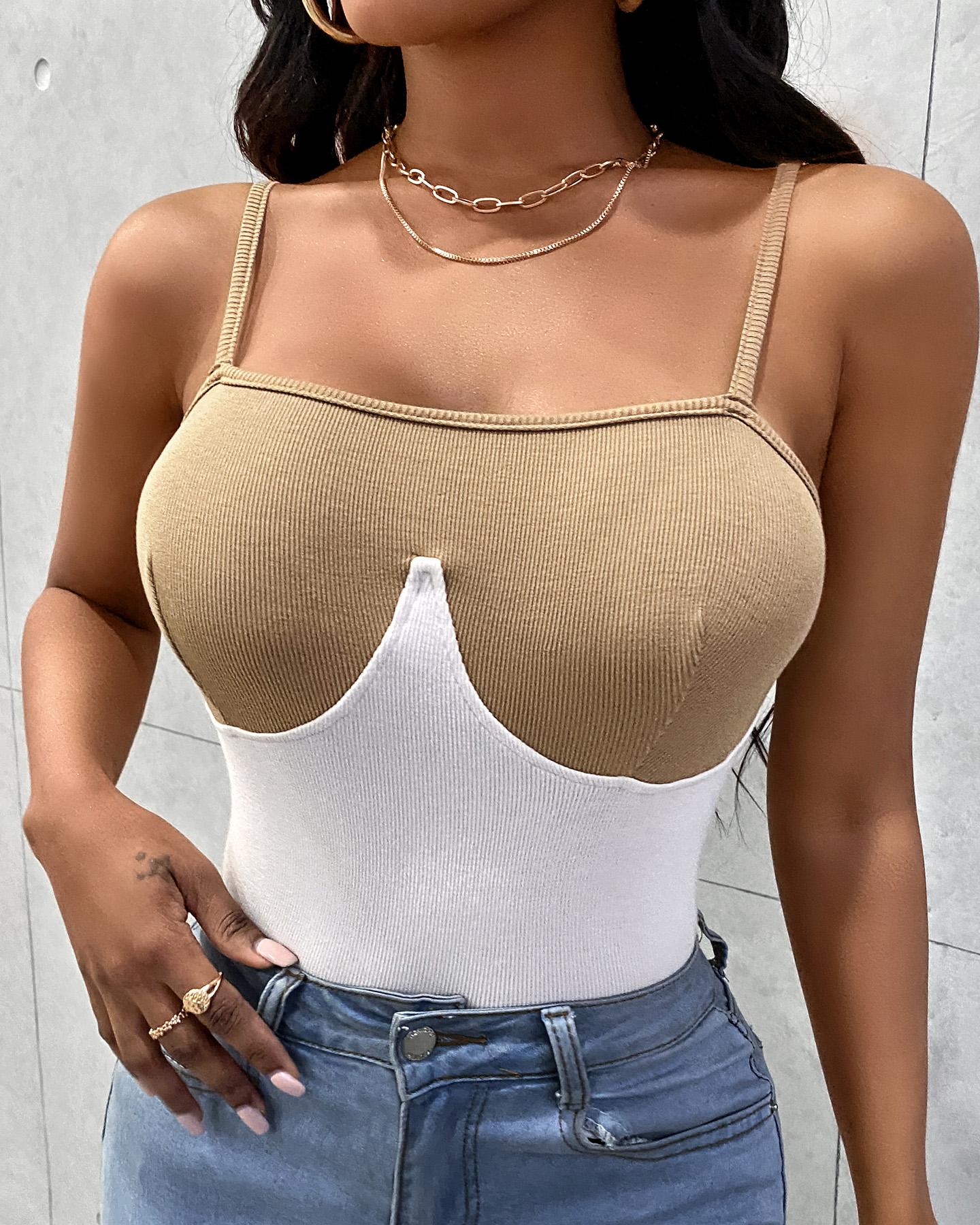 

Colorblock Spaghetti Strap Casual Women Top, White