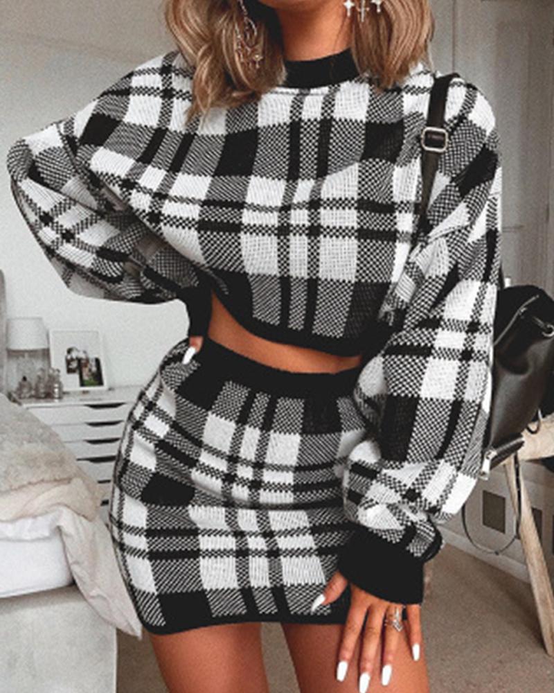 

Checked Crop Sweater Skirt Set, Black