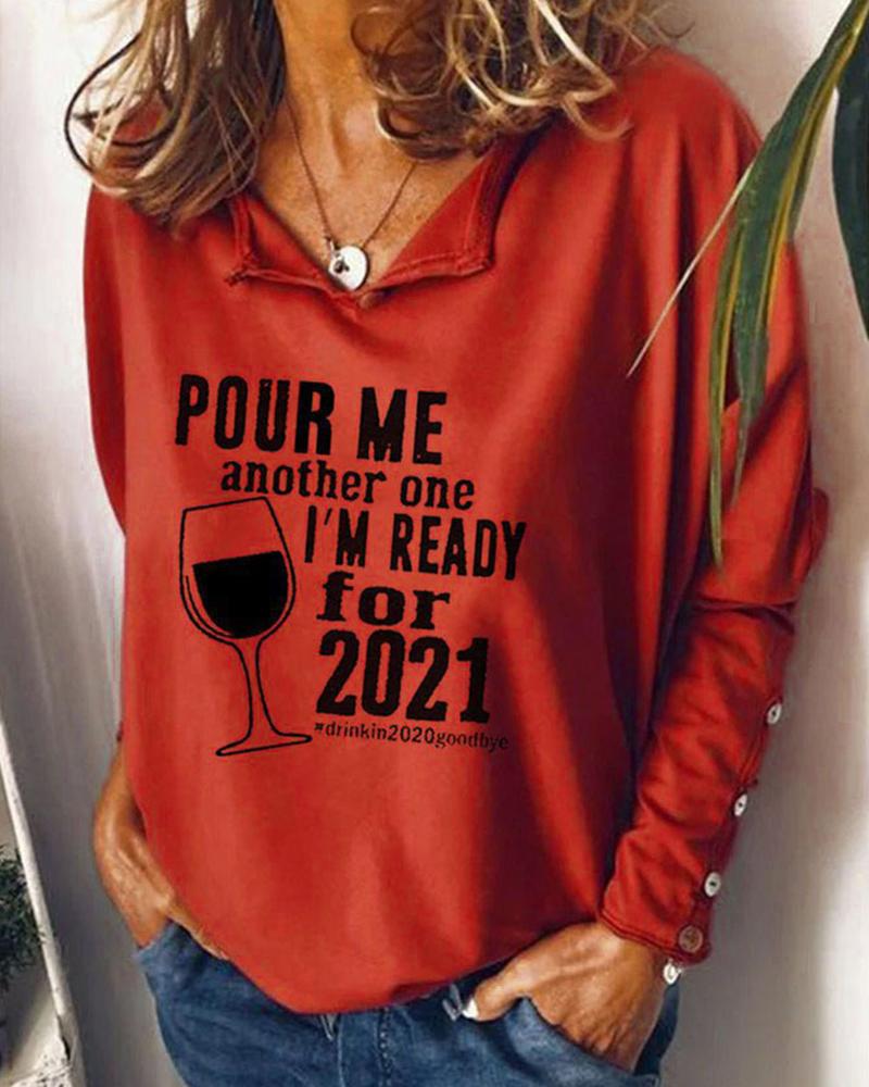 

Letter And Wine Glass Print Long Sleeve Blouse, Wine red