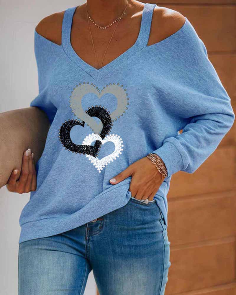 

Heart Print Long Sleeve Cut-out Sweatshirts, Light blue
