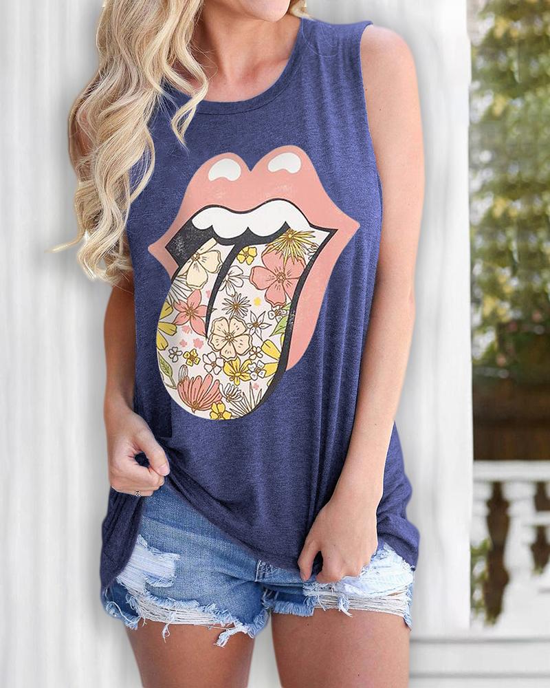 

Floral Lip Print Casual Tank Top, Blue
