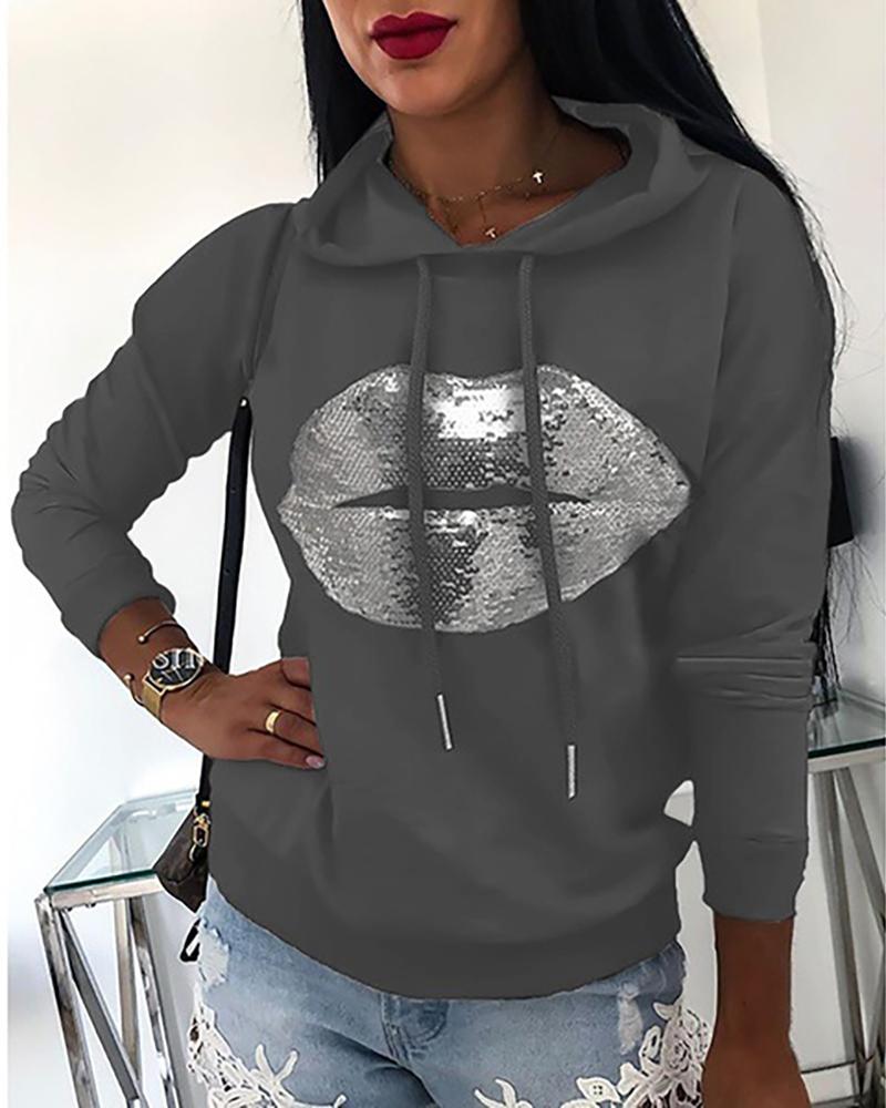 

Lip Pattern Sequins Casual Hooded Sweatshirt, Gray