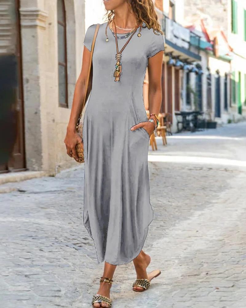 

Short Sleeve Pocket Design Plain Casual Dress, Gray