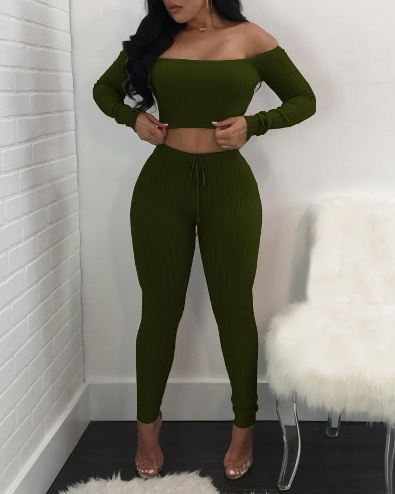 

Off Shoulder Ribbed Crop Top & Drawstring Pants Set, Green