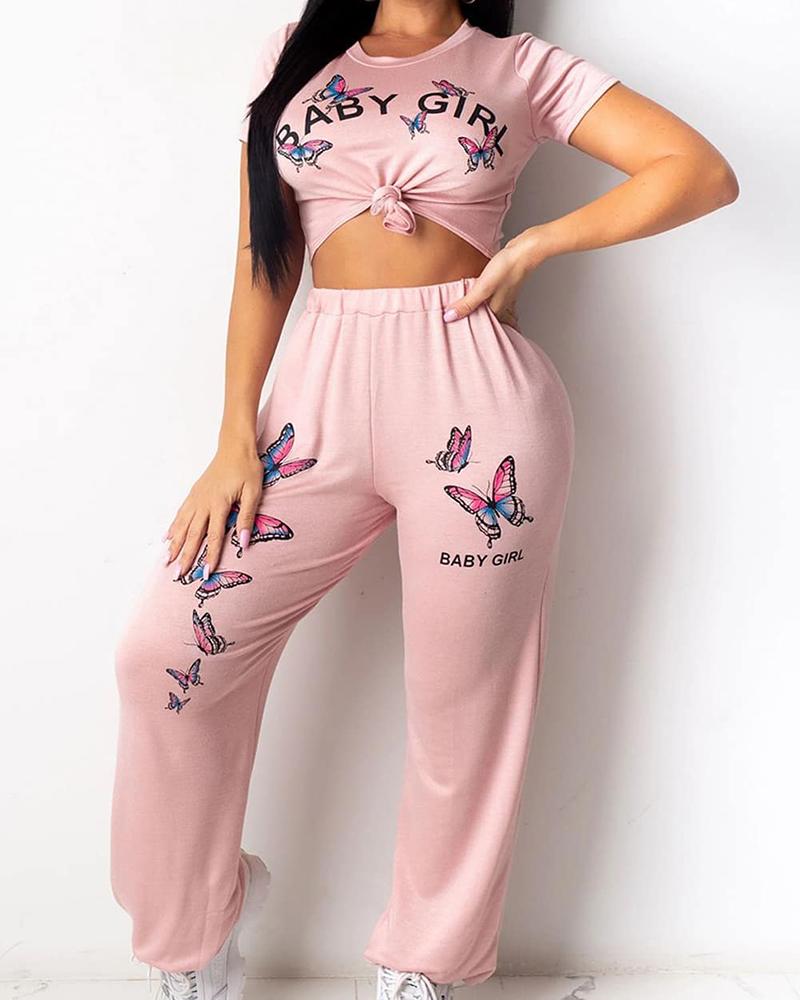 

Butterfly Print Short Sleeve Top & Pants Set, Pink