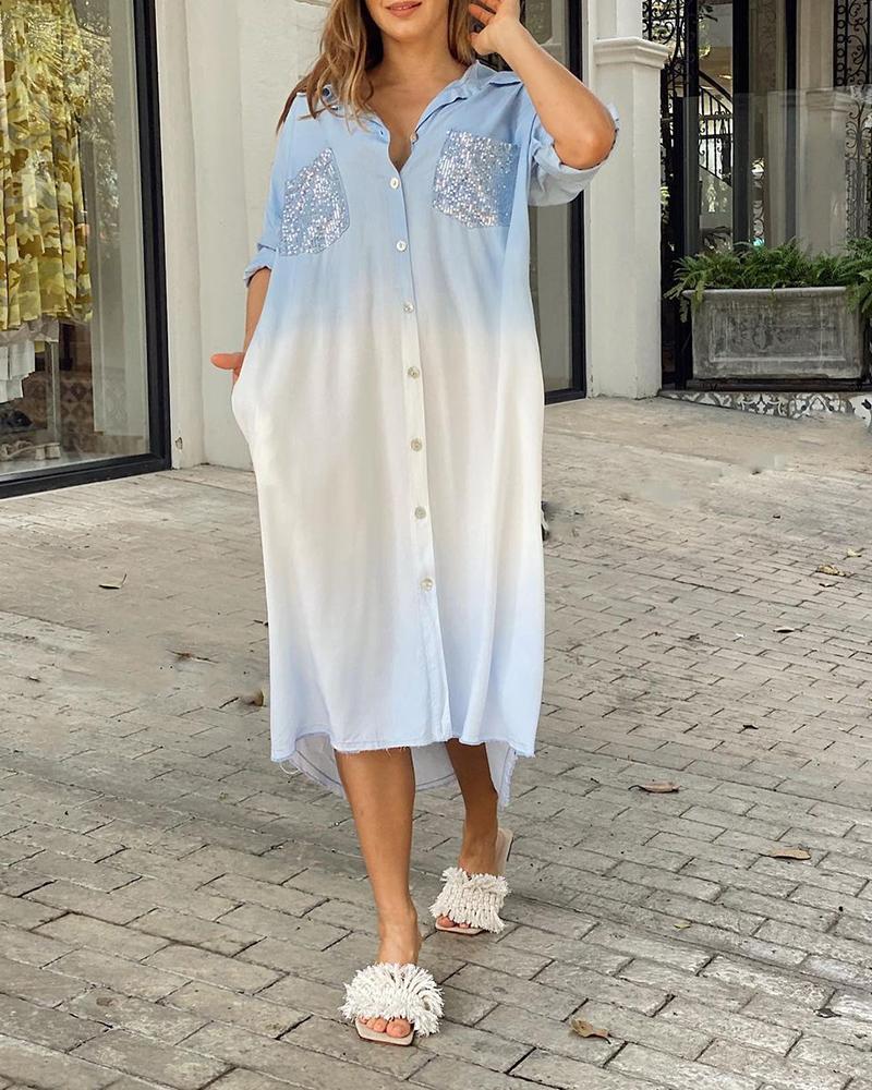 

Sequin Print Turn-down Collar Asymmetrical Shirt Dress, Blue