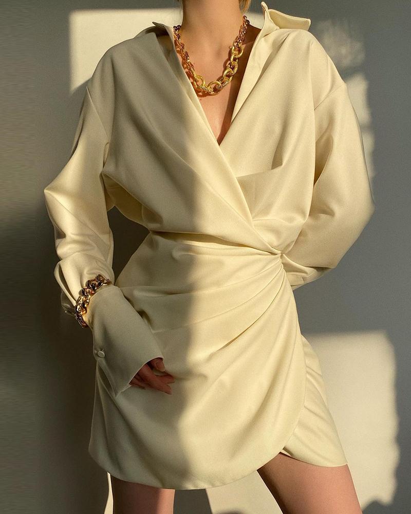 

Plain Long Sleeve Wrap Ruched Shirt Dress, Beige