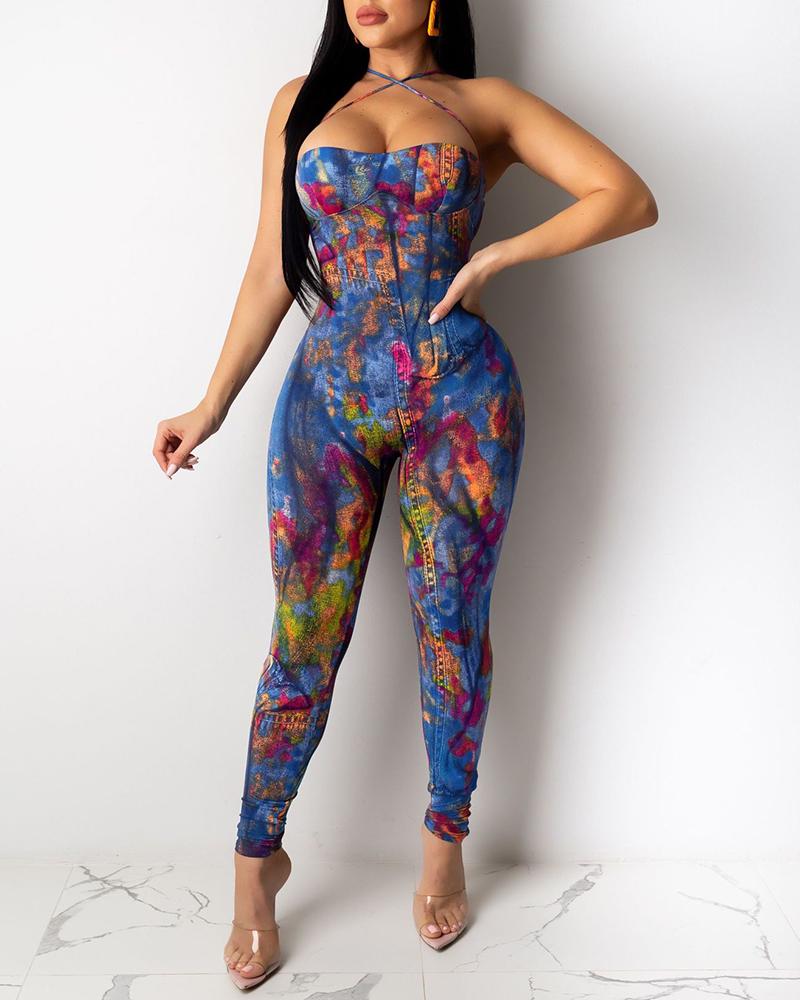

Spaghetti Strap Print Backless Jumpsuit, Dark blue