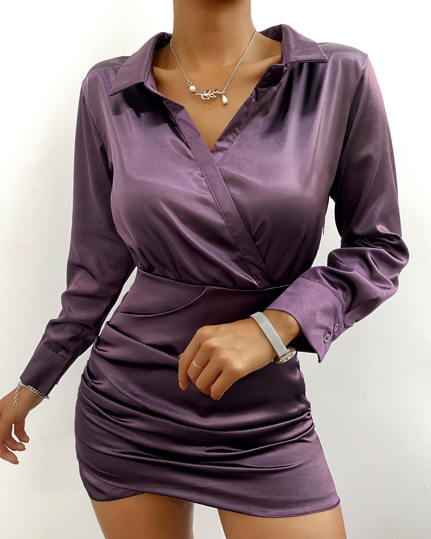 

Plain Ruched Wrap Bodycon Women Dress, Purple