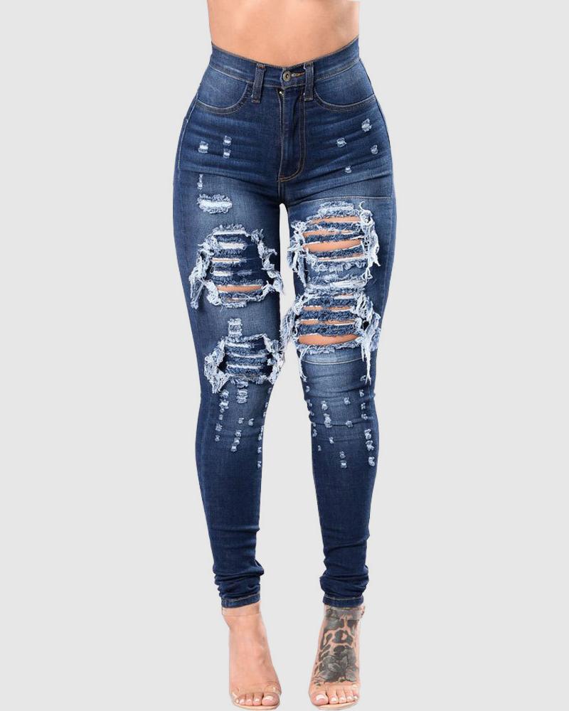 

High Waist Ripped Cutout Jeans, Dark blue