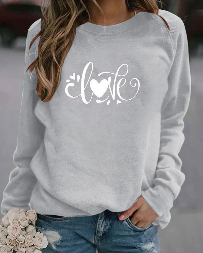 

Heart Print Long Sleeve Round Neck Sweatshirt, Gray