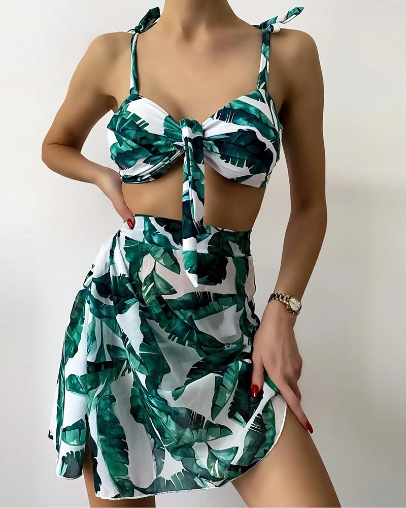 

Leaf Print Knotted Front Bikini Set With Cover Up Skirt, Green