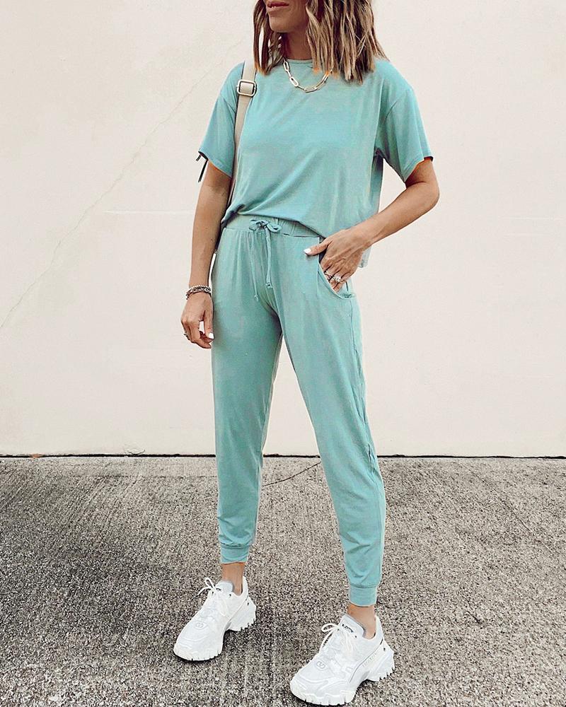

Solid Short Sleeve Top & Drawstring Pants Set, Light blue