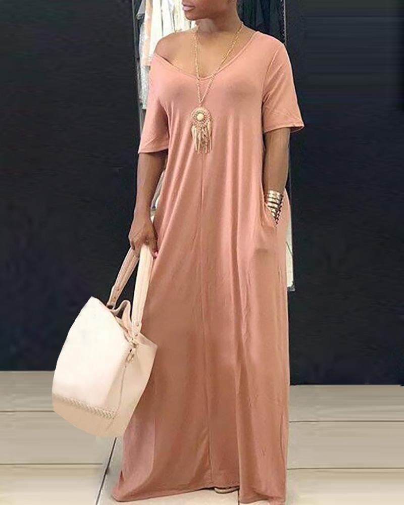 

Short Sleeve V-neck Casual Dress, Pink