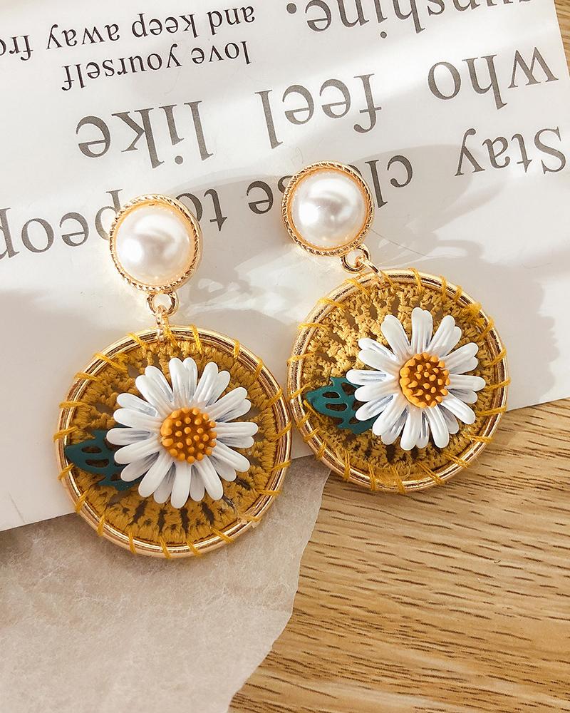 

Pearl Woven Floral Pattern Earrings, Yellow