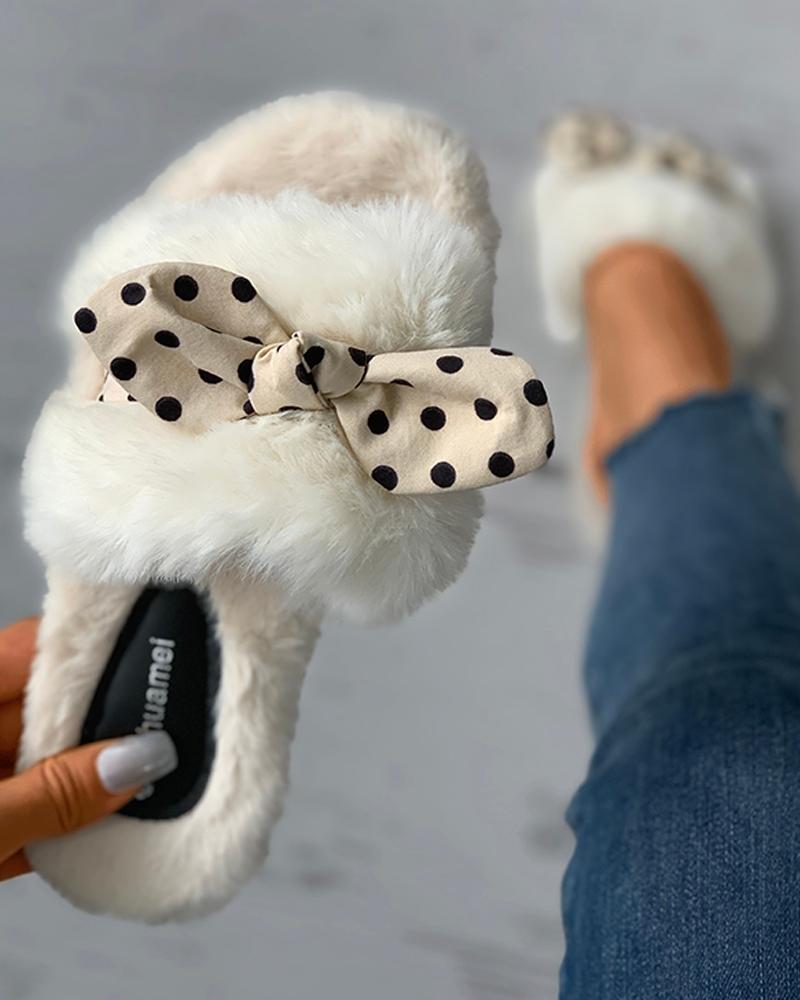 

Polkadot Print Bowknot Casual Slipper, White