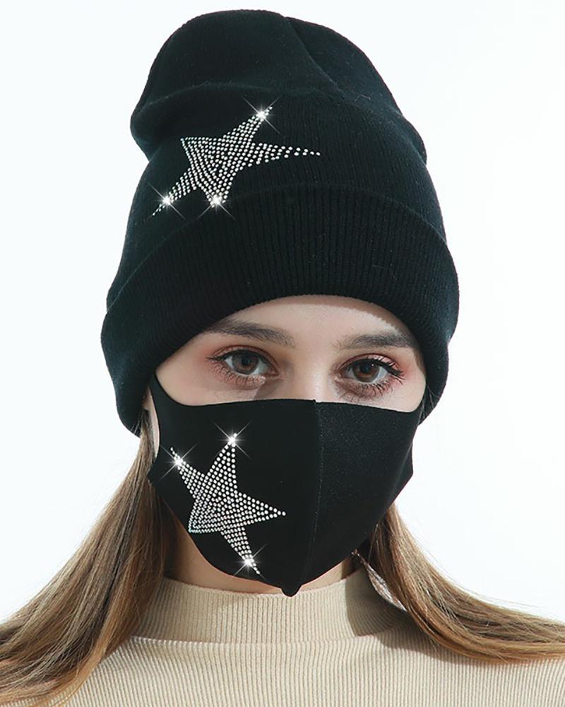 

Star / Letter / Floral / Butterfly Pattern Studded Beanie With Face Mask, Black