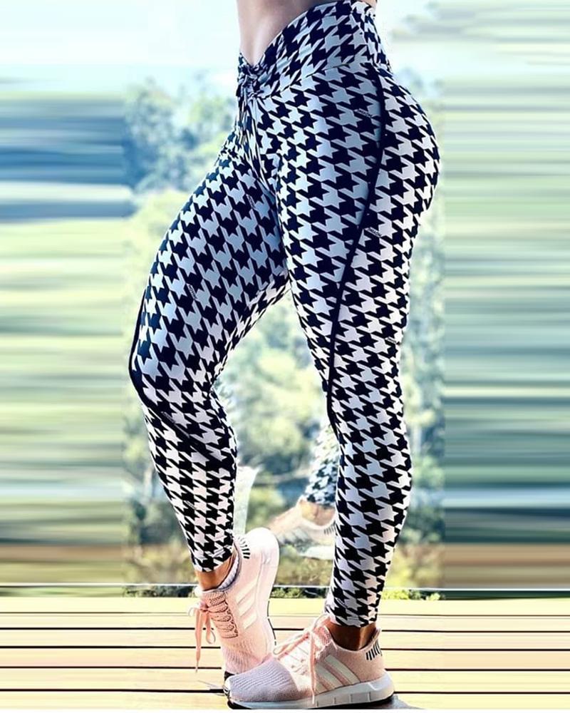 

Houndstooth Print High Waist Sports Leggings, Black