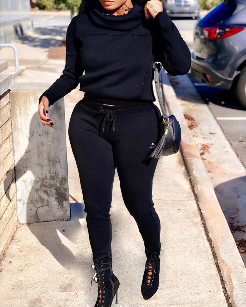 

Plus Size Plain Pocket Design Sweatshirt & Drawstring Waist Pants Set, Black