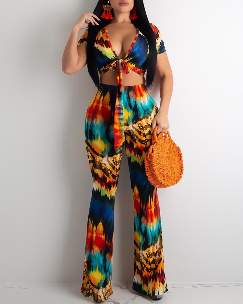 

Tie Dye Print Knotted Top & Pant Set, Multicolor
