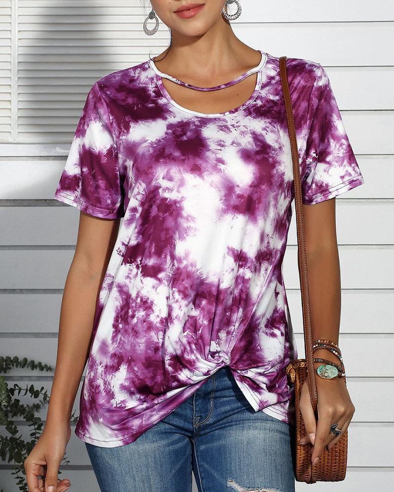 

Tie Dye Print Cut Out Design Casual T-shirt, Purple