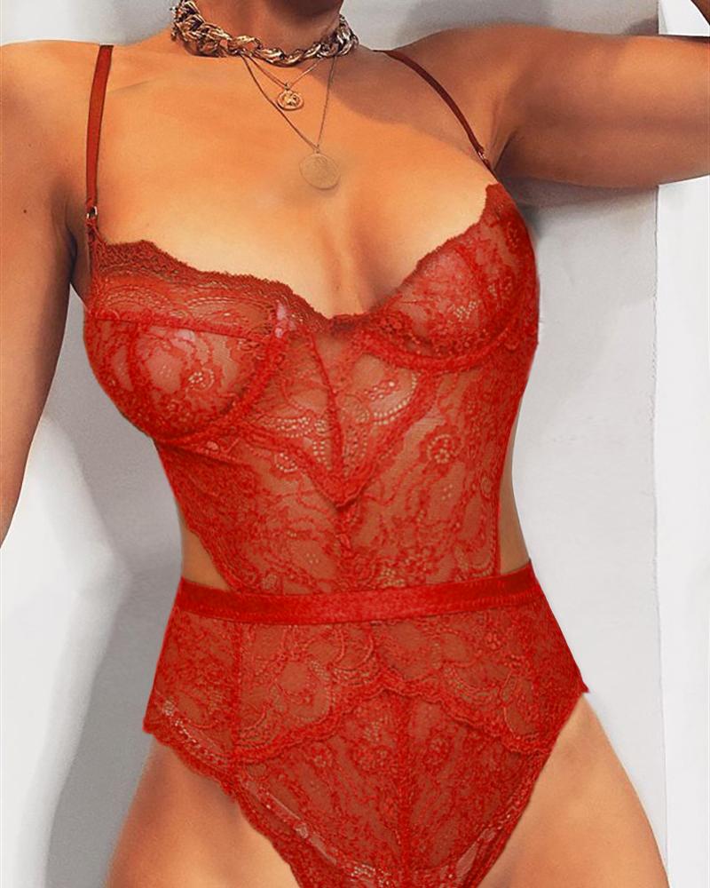 

Eyelash Lace Cutout Spaghetti Strap Teddies, Red