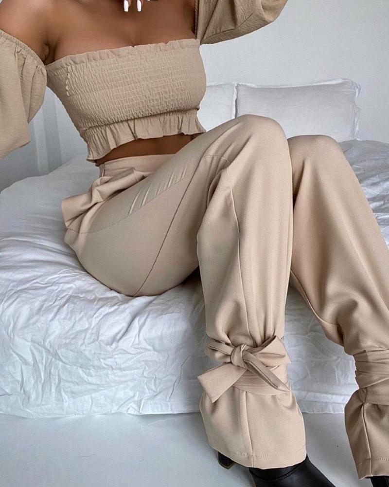 

High Waist Ankle Tie Pants, Apricot