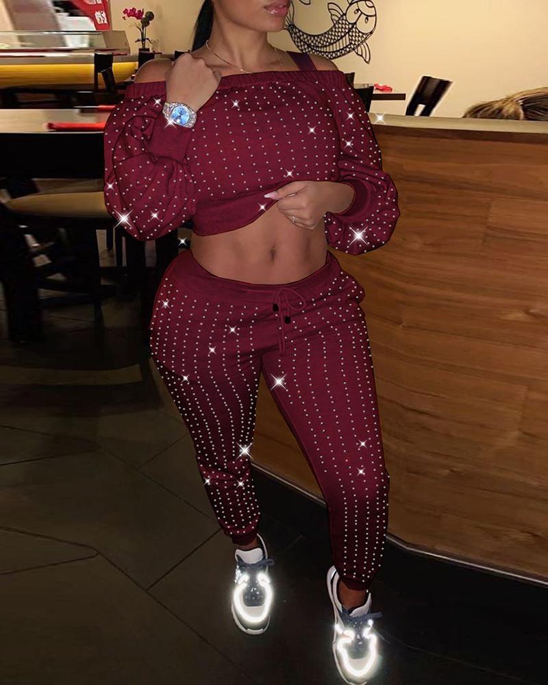 

Off Shoulder Studded Top & Drawstring Pants Set, Wine red