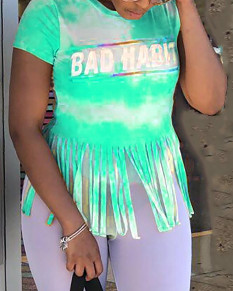 

Casual Short Sleeve Tassel Tops, Green