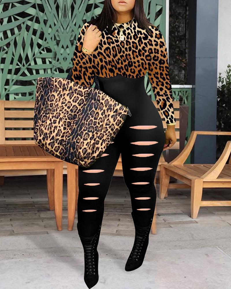

Print Colorblock Long Sleeve Cutout Skinny Jumpsuit, Leopard