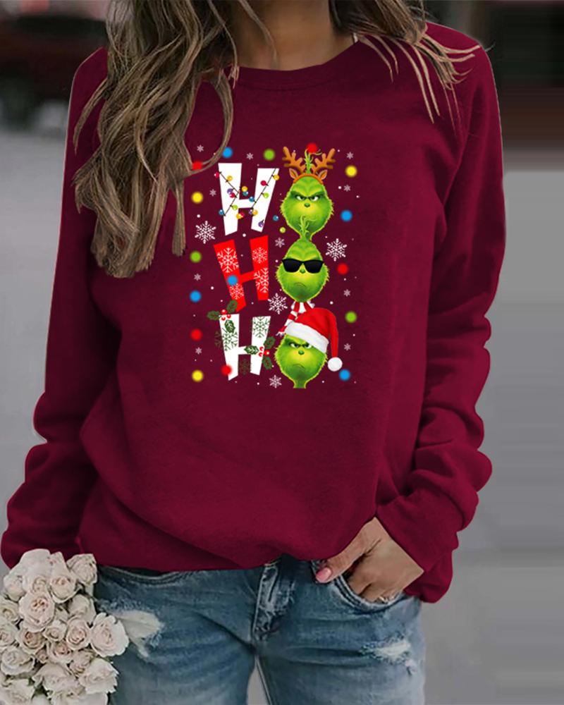 

Christmas Letter Cartoon Print Long Sleeve Top, Wine red