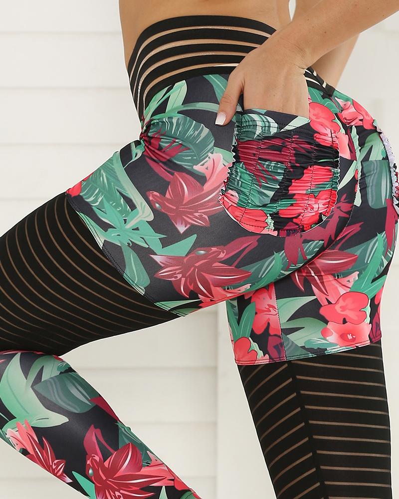 

Tropical Print High Waist Butt Lifting Booty Yoga Pants, Green