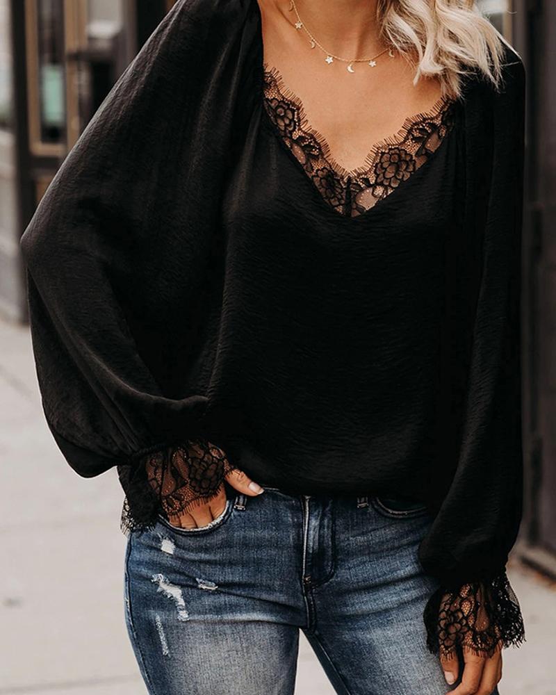 

Lace Trim Lantern Sleeve Top, Black