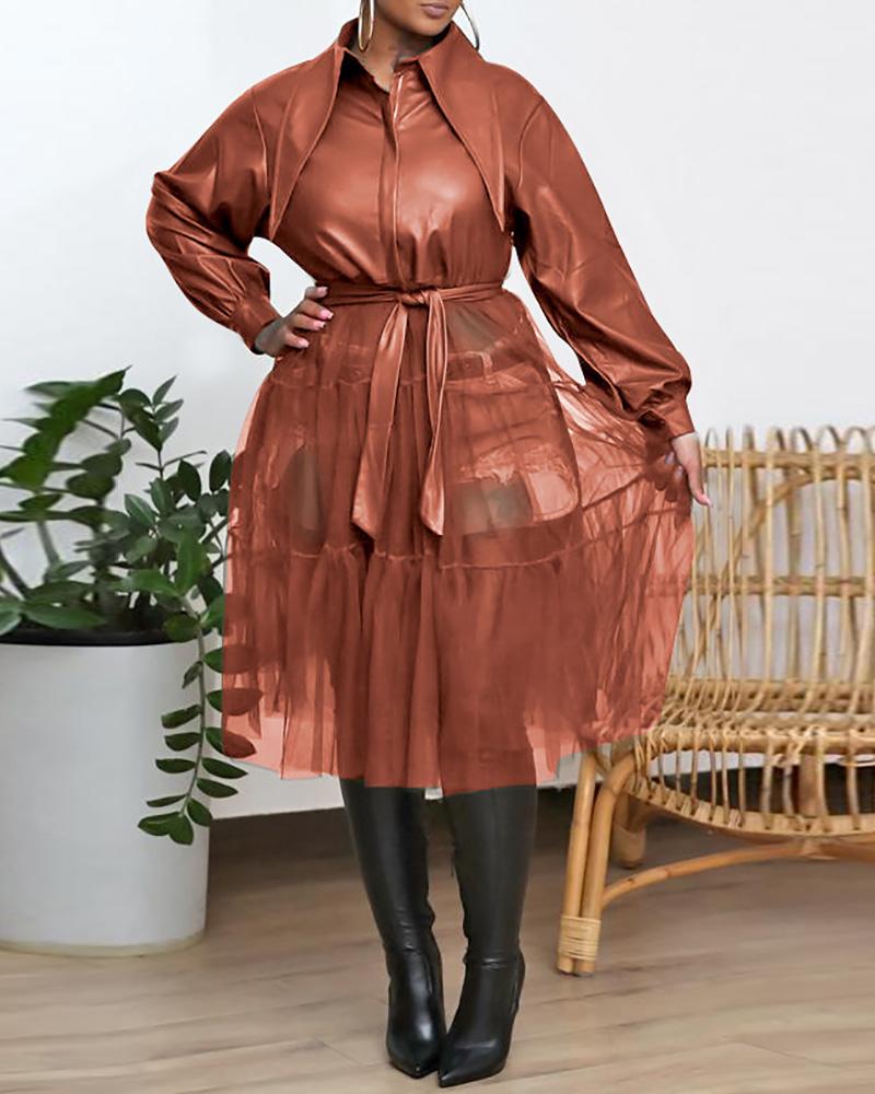 

PU Leather Sheer Mesh Longline Coat, Khaki