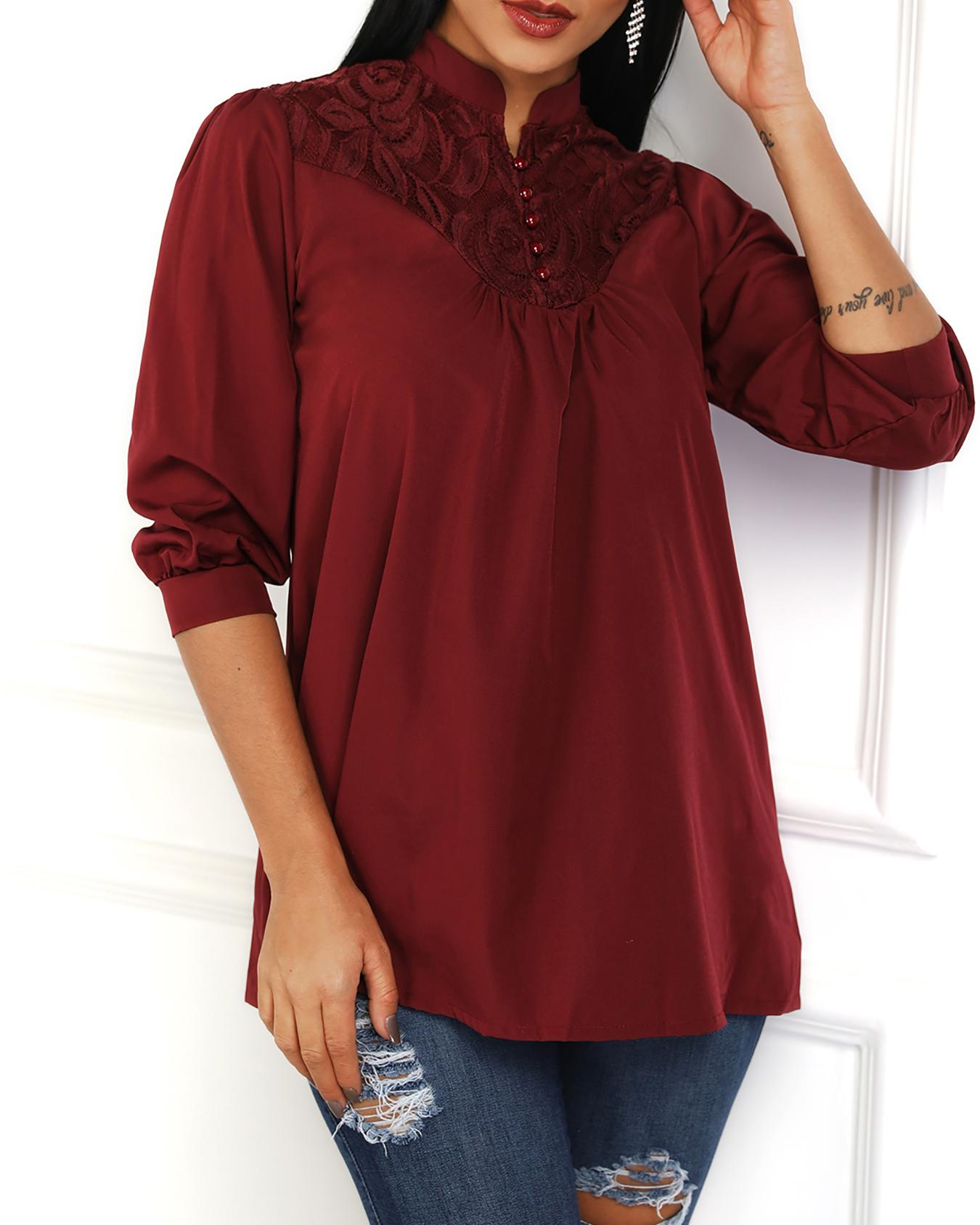 

Floral Lace Insert Button Detail Blouse, Wine red