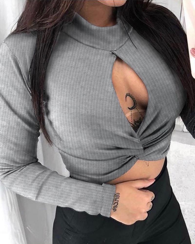 

Plain Twisted Cutout Long Sleeve Crop Women Top, Gray