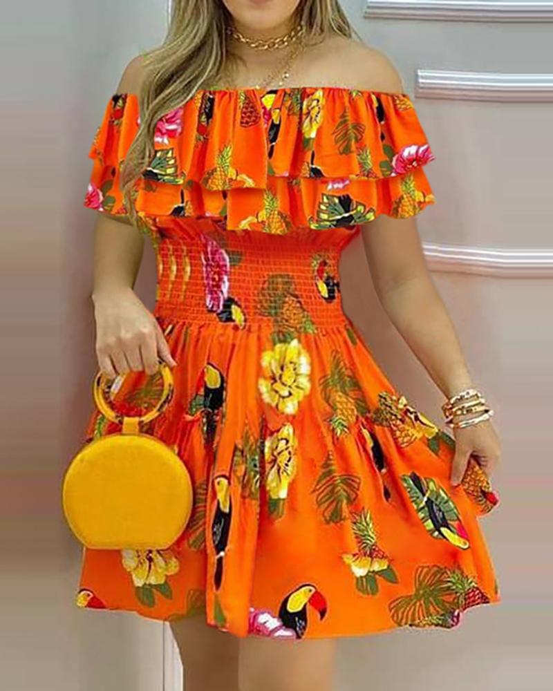 

Off Shoulder Shirring Detail Ruffles Tropical Print Dress, Orange