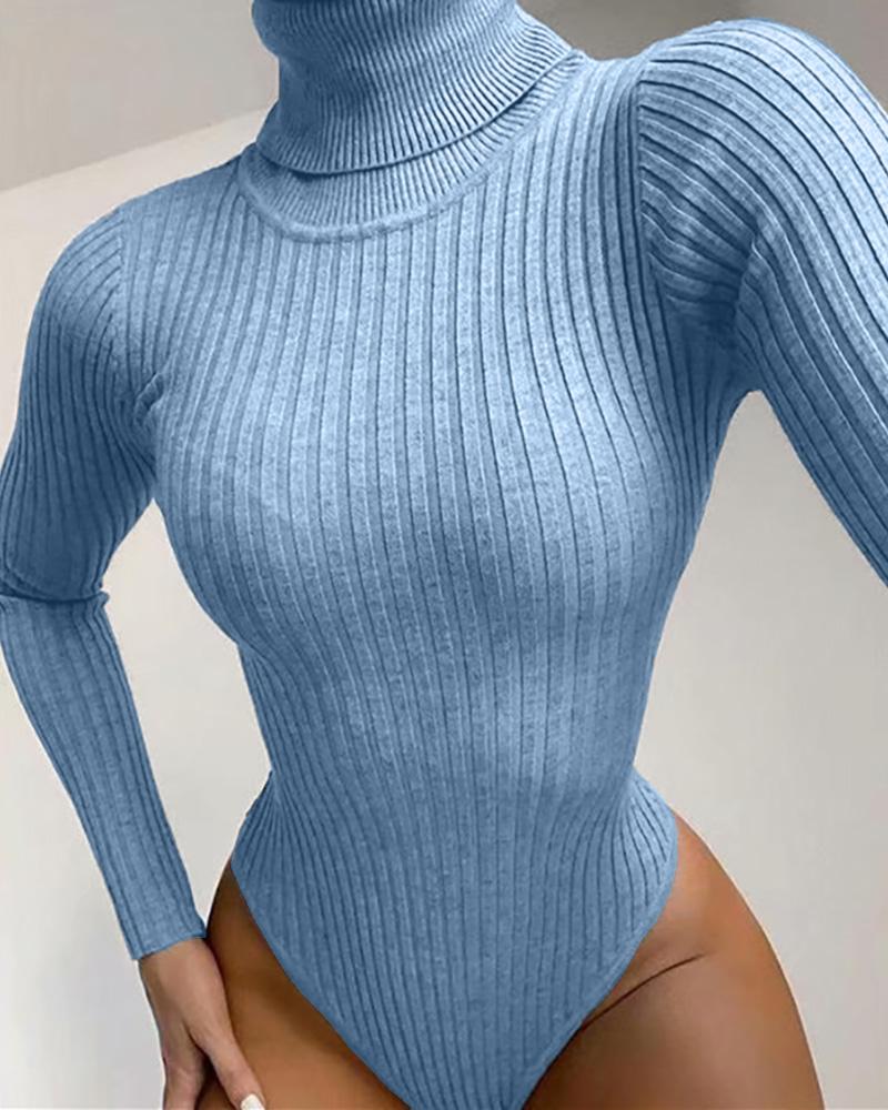 

High Neck Long Sleeve Knit Bodysuit, Blue