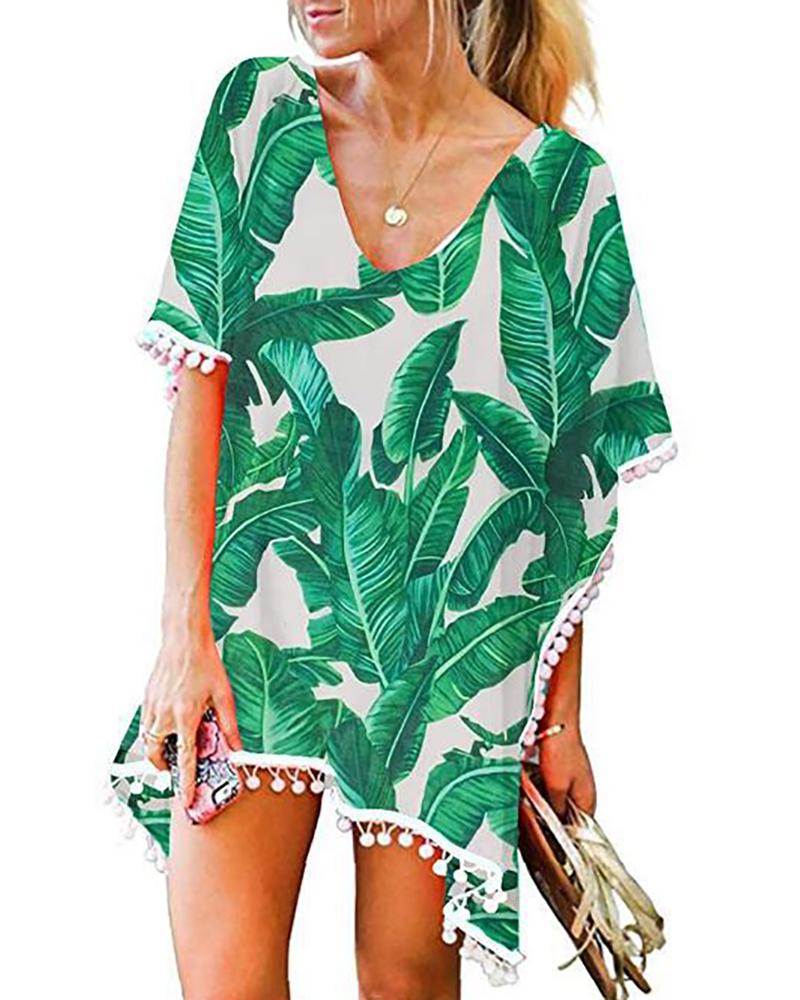 

Tie Dye / Floral / Palm Tree Print Pom Pom Cover Up, Green