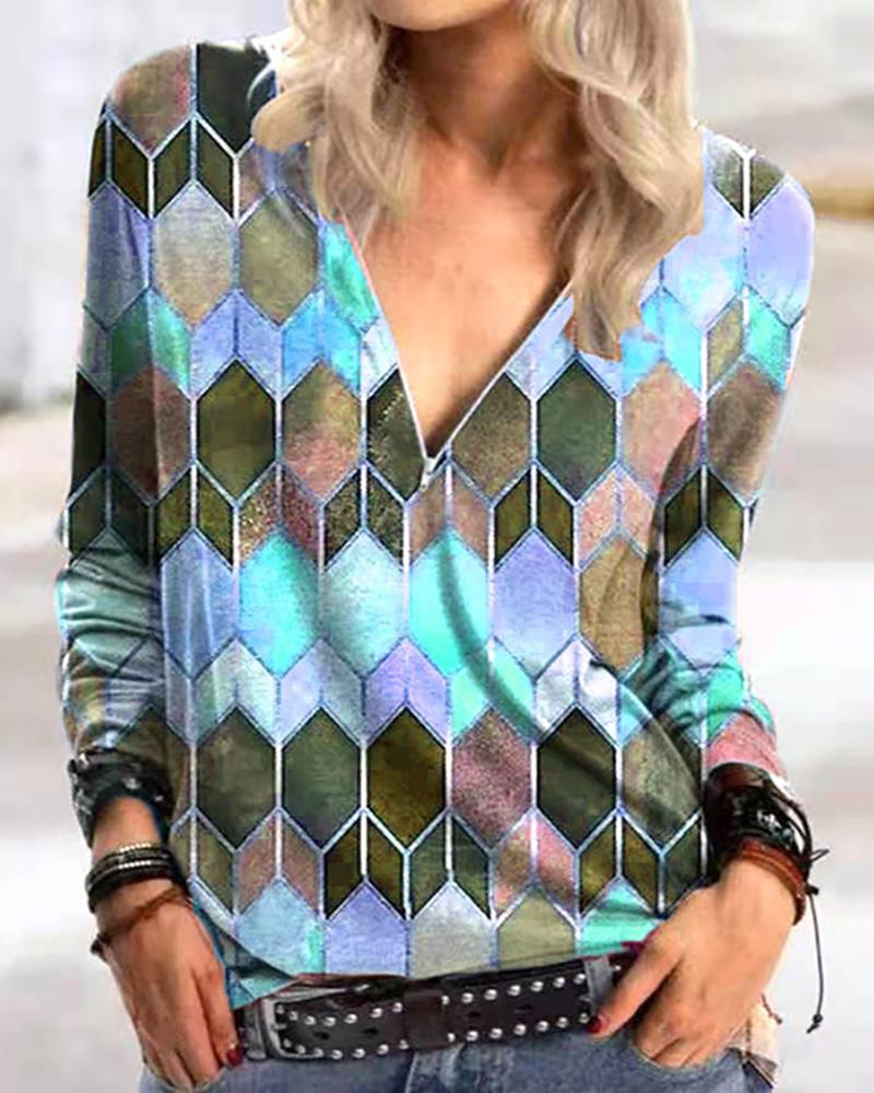 

Zipper Design Abstract Print Long Sleeve Top, Light blue