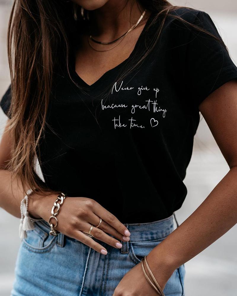 

Letter Print V-neck Short Sleeve T-Shirt, Black