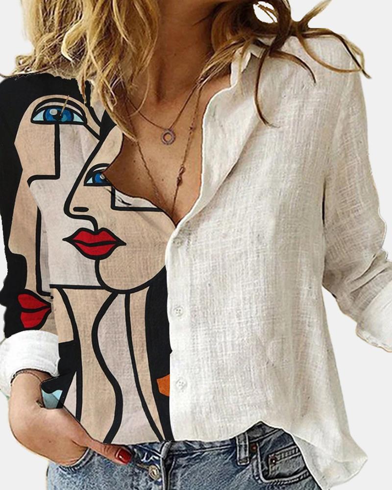 

Abstract Print Long Sleeve Splicing Blouse, White