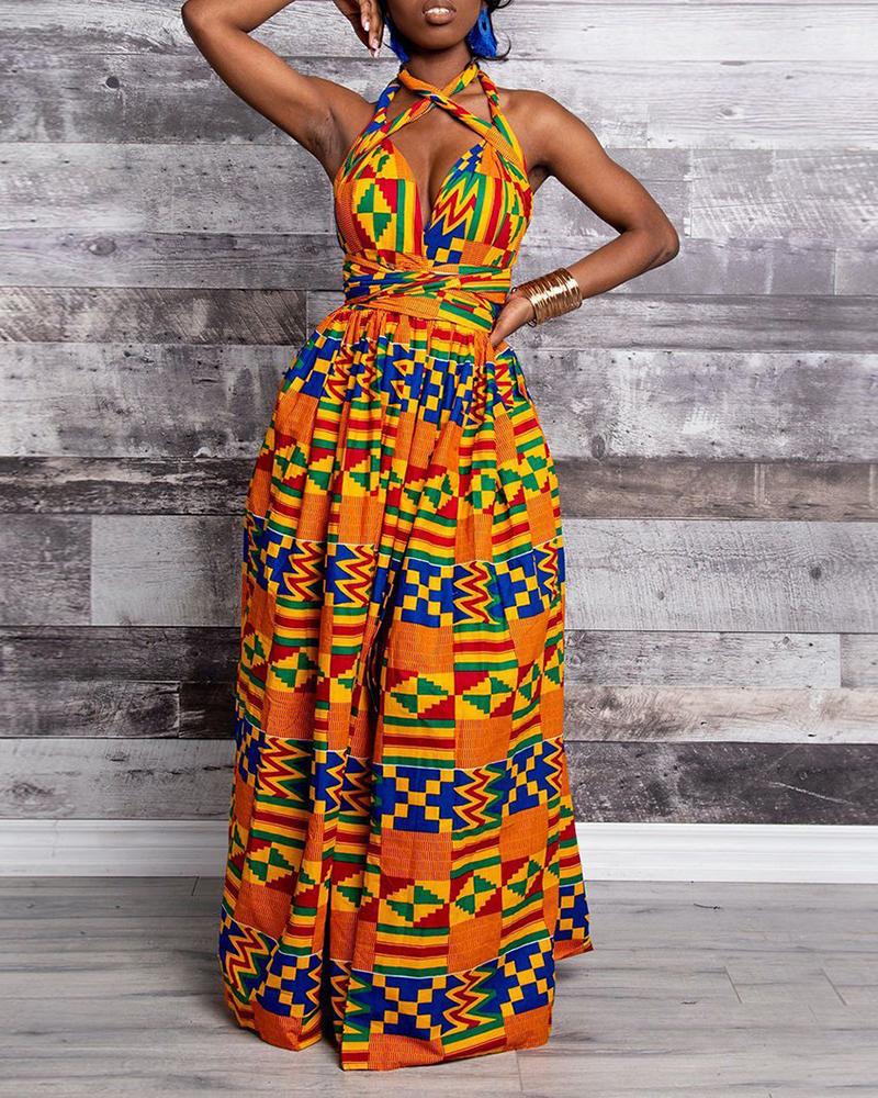 

Print Crisscross Halter High Slit Maxi Women Dress, Orange