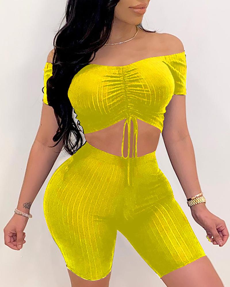 

Off Shoulder Ribbed Drawstring Top & Shorts Set, Yellow